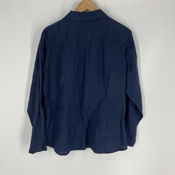 LL Bean Shirt Size Large Petite Womens Navy Linen Button Down Embroidered Top - Picture 5 of 9